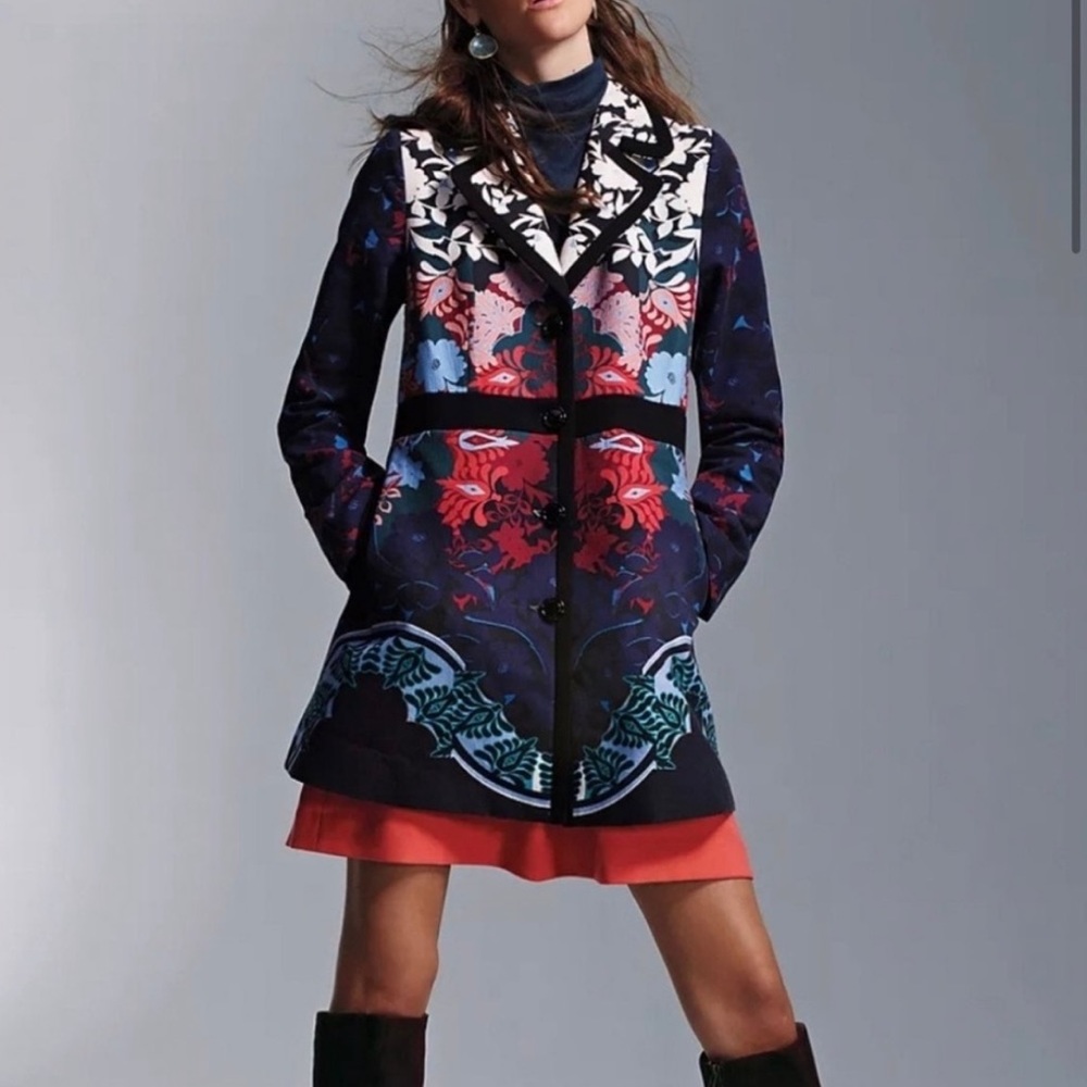 Anthropologie Elevenses Florilege Floral Colorful Tapestry Trench or Pea Coat 8